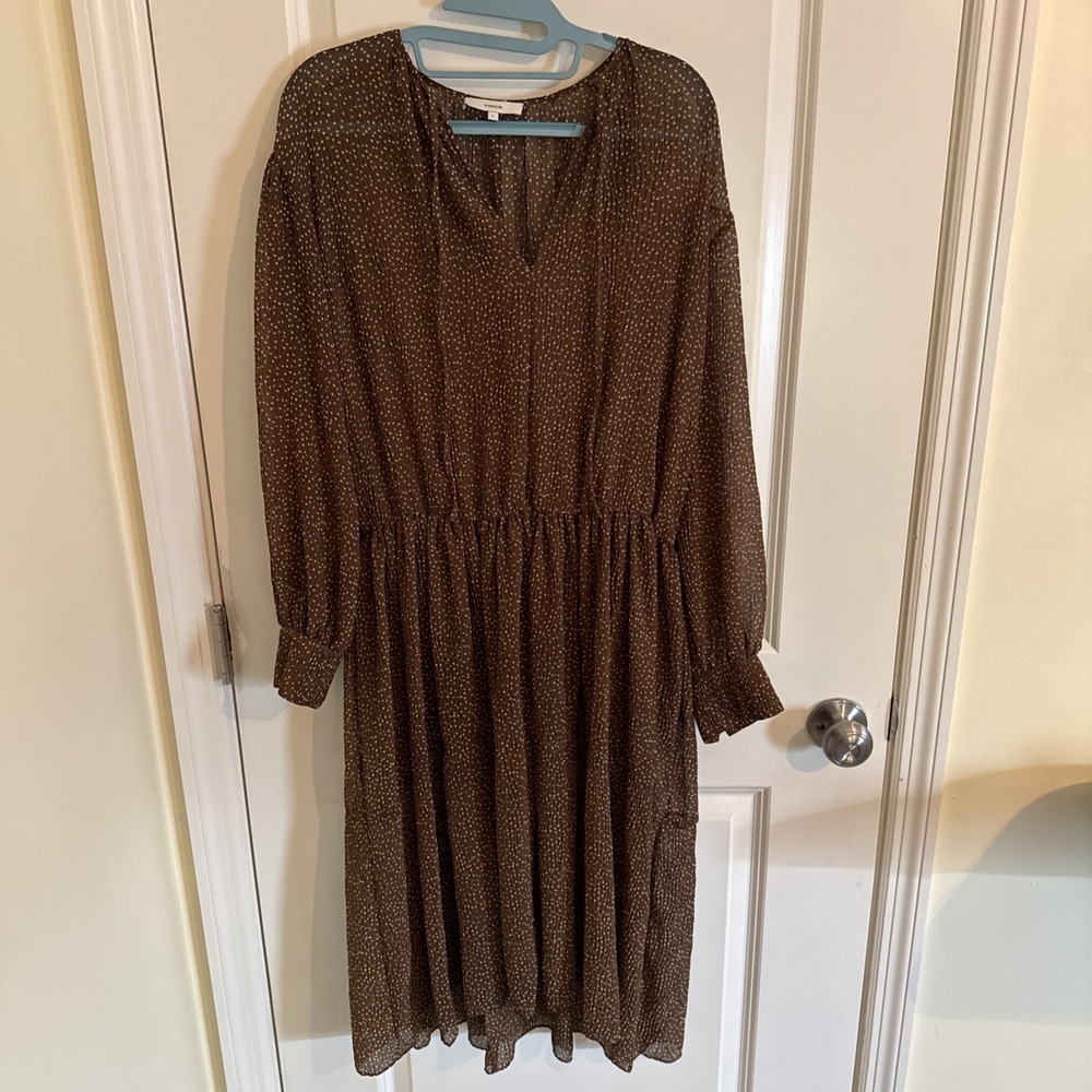 Vince Women's Brown Starry Dot Pleated Long Sleeve Sheer Midi Dress Sz Small